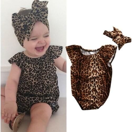 Free shipping Cute Infant Baby Girl Leopard Print Romper Bodysuit Jumpsuit+Headband Clothes