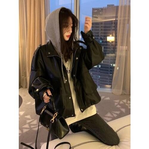 Spring Autumn Womens Leather Jacket Black Fake Two Jackets PU Leather Coat Hooded Casual Contrast Jacket Women Jacket Coat