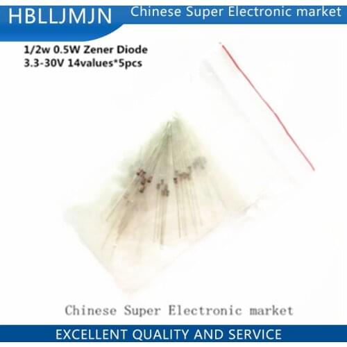 1/2w 0.5W Zener Diode 3.3-30V 14values*5pcs=70pcs Assorted Assortment Set New electronic diy kit