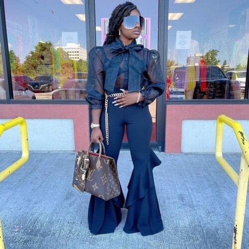 Elegant Fashion Two Piece Sets Women Bow Tie Collar Lantern Sleeve Mesh Tops+ruffles Flare Pants 2 Piece Matching Set Streetwear