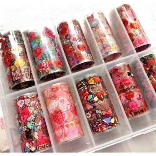 10PCS/100X4cm 1 Box Valentines Day Nail Foil Manicure Heart-Shaped Rose Starry Paper Nail Transfer Foil Nail Sticker