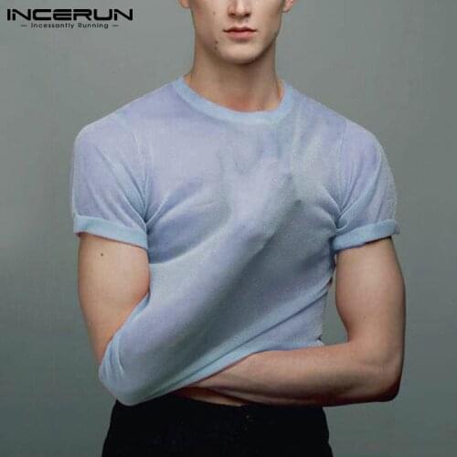 Men Mesh T Shirt Transparent O Neck Short Sleeve Sexy Solid Streetwear Tee Tops 2021 Summer Party Nightclub Camisetas INCERUN