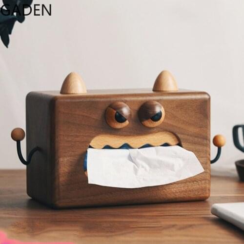 Creative Cartoon Tissue Box Solid Wood Little Monster Pumping Box Black Walnut Storage Box Home Napkin Paper Box Home Decoration