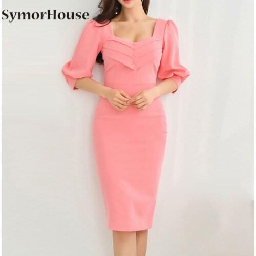 Summer new Formal Dress Elegant White Pink Square-Collar half sleeve single-breasted Slim Pencil Dresses Autumn