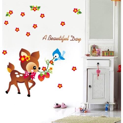 Cartoon Deers Wall Stickers for Kids Room Deer and Bird together Send two fruits Wall Decals Flowers A beautiful Day Quote Decor