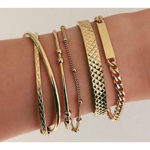 HuaTang 5pc/set Vintage Geometric Curved Chains Bracelet Set Metal Gold Color Cross Open Bangle for Women Men Couple Jewelry