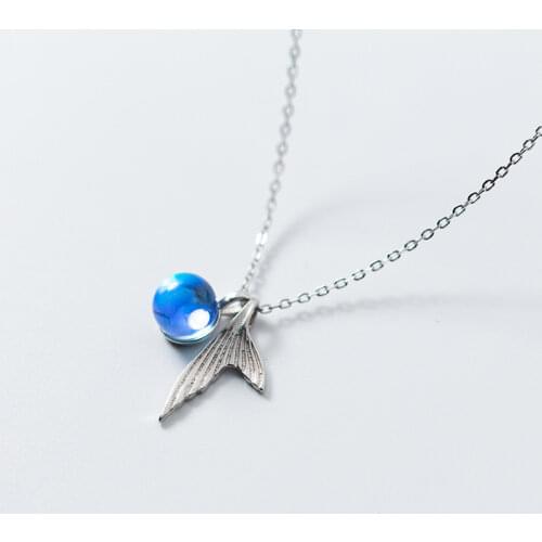 100% 925 Sterling Silver Cute Fishtail Blue Bubble Crystal Pendant Necklace 44CM Clavicle Chain For Daughter Girls Jewelry