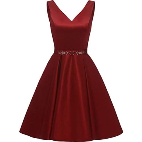 ANGELSBRIDEP Fashion Short Satin Bridesmaid Dresses A Line V Neck Formal Gowns Wedding Party Dresses for Bridesmaid With Pockets