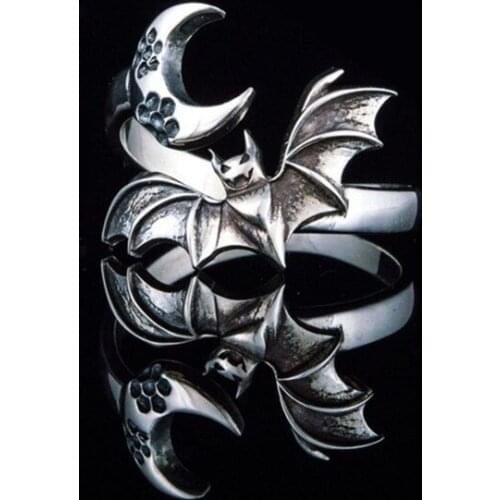 Silver Color Bat Ring, Bat Jewelry, Flying Bat Ring, Gothic Ring, Vampire Ring, Halloween Ring, Bat and Moon Rings, Moon Jewelry