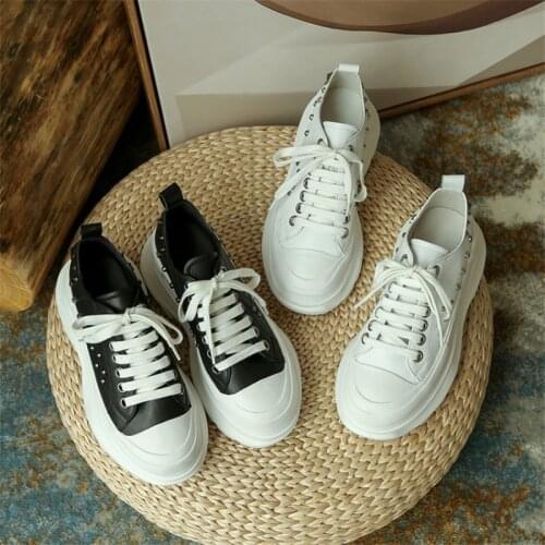 Genuine Leather Rivet Punk Flat Shoes For Women Platform Sneakers Spring Summer Casual Chunky Loafers Flats Lace Up Shoes New