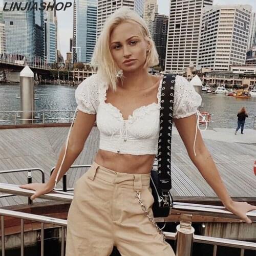 Vintage French sexy white crop top cotton lace with straps slim wasit ruffles streetwear summer tank top for girls