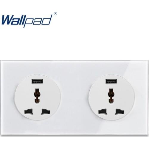 Wallpad L6 EU UK US Universal Double Wall Socket Power Outlet With 2 x 2.1A USB Charging Ports, White Tempered Glass Panel
