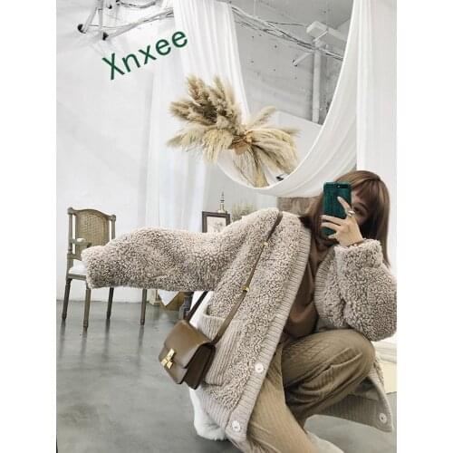 Xnxee 2019 new real Lambswool Oversized Jacket Coat Winter khaki Warm thick curly cardigan long Womens chic Outerwear