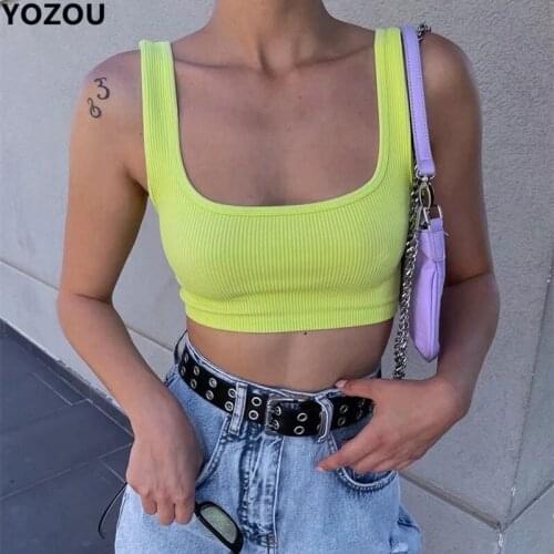 Y2k Women Summer Tube Crop Top Cotton Colorful White Yellow Black Blue Orange Gray Square Collar Slim Bodycon Ribbed Tank