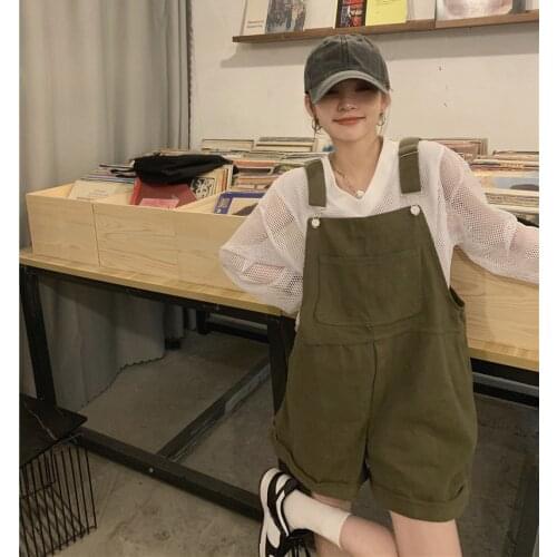 High Street Womans Army Green Overalls Streetwear Casual Preppy Style Solid Color suspenders Shorts Jumpsuits