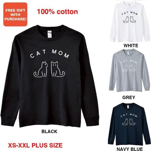 BLINGPAW Minimalist Women Graphics T-shirt Cat Mom Long Sleeved Tops Tees O-Neck Casual 100% Cotton Plus Size