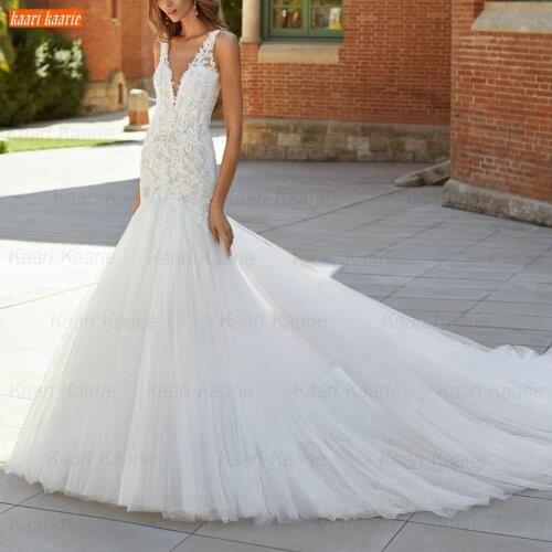 White Mermaid Wedding Dress 2021 Lace Appliqued Tulle Slim Fit Bride Gowns Backless Vestido De Novia Custom Made Abito Da Sposa