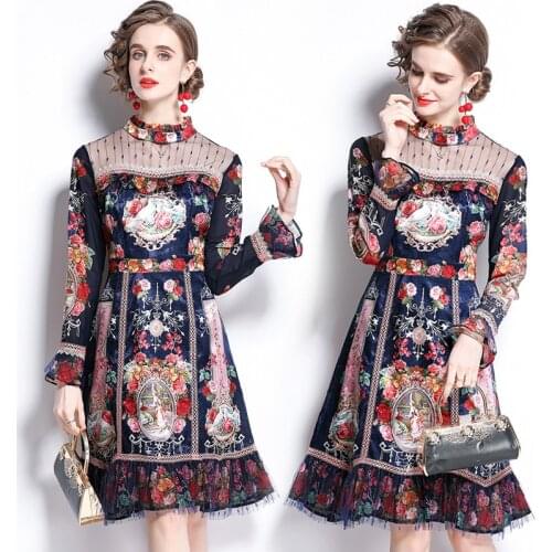 2021 New Women Summer Dresses Office Lady A-LINE Printing Mid-Calf Women Dresses Vintage O-Neck Party Elegant Summer Dresses