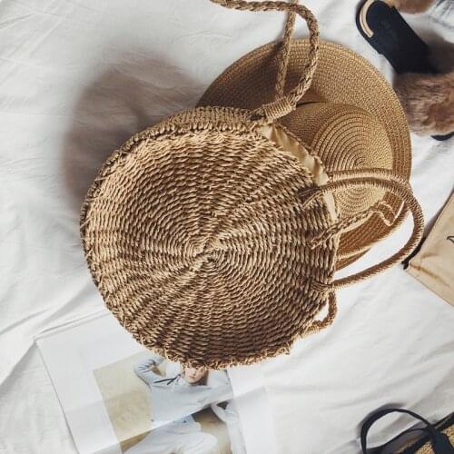 2018 Moroccan Palm Basket Bag Women Hand Woven Round Straw Bags Natural Oval Beach Bag Big Tote Circle Handbag
