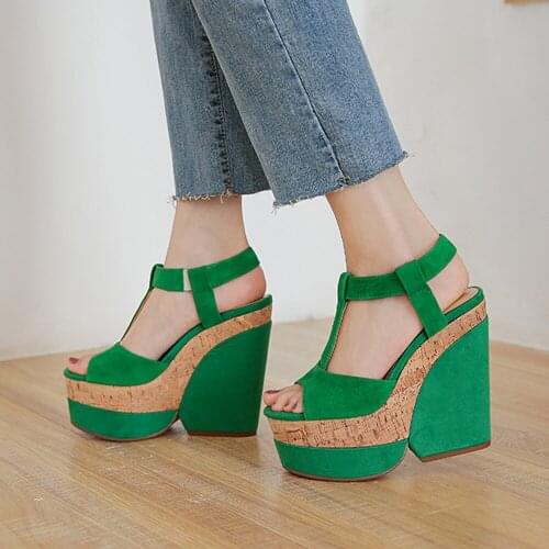 2021 Fashion Women Suede Sandals High Heel Ladies Comfortable Summer Patform Shoes Girls Wedges Yellow/Green Sandals Size34-42