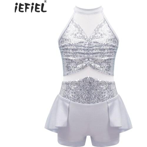 Kids Girls Children Sequins Gymnastics Ballet Leotard Dress One-piece Halter Sleeveless Backless Dance Bodysuit Ballet Dancewear
