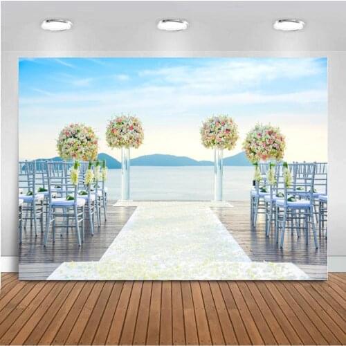 Seaside Blue Sky Outdoor Wedding Stage Photography Background Marriage Event Party Celebration Women Portrait Backdrops Photo