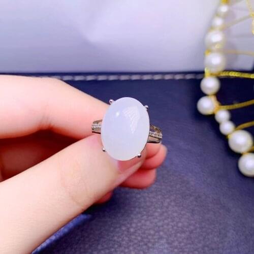 Fine Jewelry 925 Sterling Silver Inset With Natural Gemstone Womens Luxury Popular Oval White Jade Adjustable Ring Support Dete