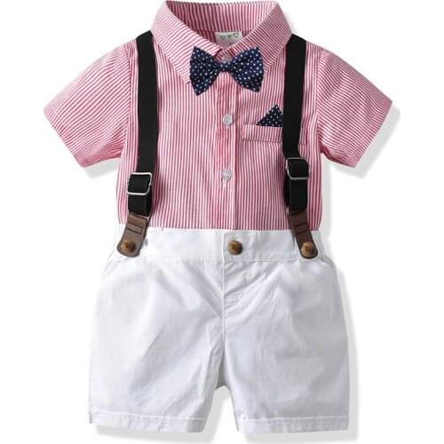 Baby Boy Gentleman Clothes Set Summer Suit For Toddler Pink Stripe Shirt with Bow Tie+Suspender Shorts Formal Kids Clothes