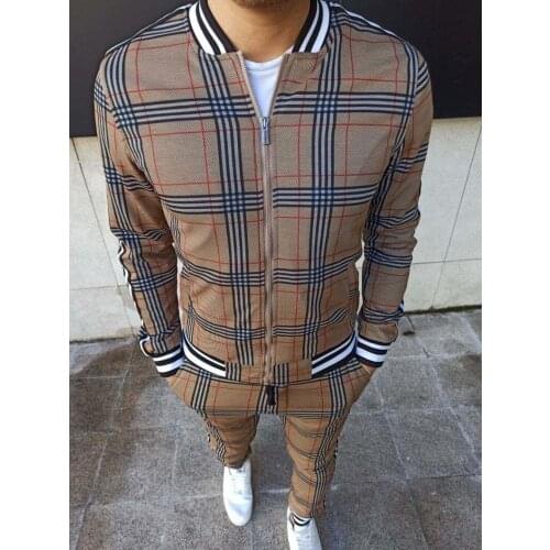 Fall 3D Plaid Print Mens Suit Sport Casual Suits Mens Stylish British Set Style Gentlemans Jacket Tie UP Trousers Two Pieces