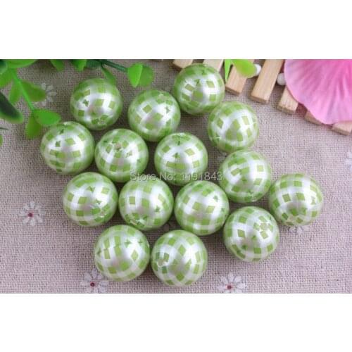 Latest 100pcs/lot 20mm chunky jewelry ivory Imitation Imitation pearl print green color gingham beads for kids jewelry making