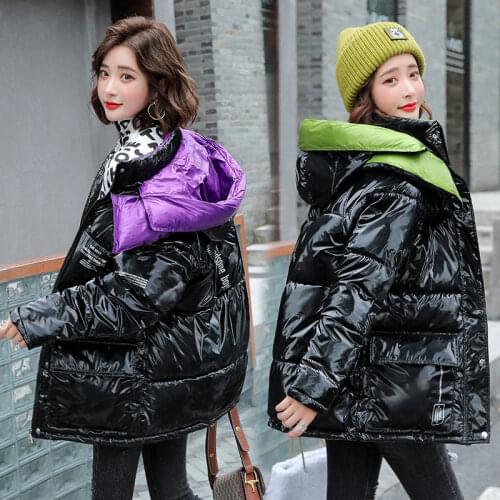 New Style Black Glossy Jackets Womens Winter Coat Short Hooded Warm Down Cotton Parkas Coats Woman Korean Winter Jackets Outwear