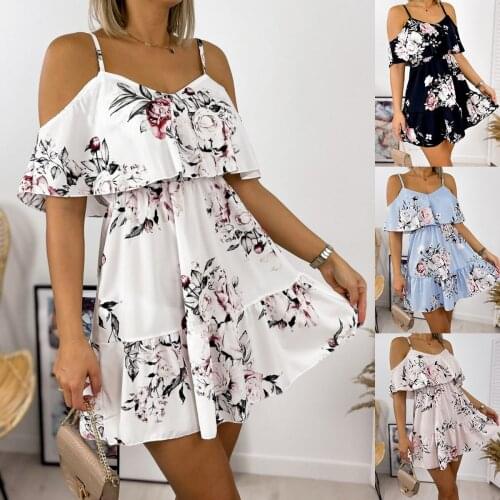 Summer Dress Women Print A-Line Dress Ruffles Sling Short Sleeve V-Neck High Waist Slim Mini Dress For Women Vestidos Femme Robe