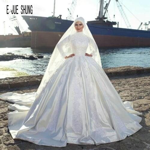 EJUE SHUNG Lace Appliques Luxury Muslim Wedding Dresses Ball Gown Long Sleeves High Neck Bridal Gowns vestido de noiva