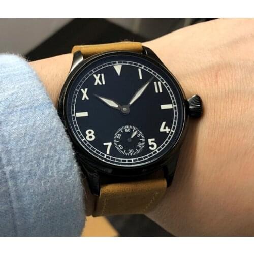 Sapphire crystal or Mineral glass 44mm black dial Asian 6498 17 jewels movement PVD case luminous Mechanical watches GR82-20