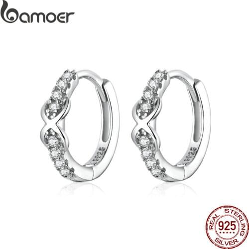 BAMOER Authentic 925 Sterling Silver Twist Of Fate Hoop Earrings Clear CZ for Women Wedding Trendy Jewelry PAS465