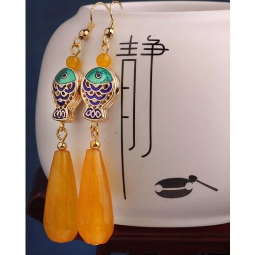 Ethnic blue fish drop earrings yellow water drop earrings for women and girl jewelry серьги