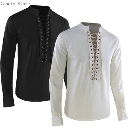 Medieval Costume Gothic Punk Tops Loose Shirt Tunic Retro Lace Up V Neck Long Sleeves Pirate Outfit Halloween For Men Plus Size