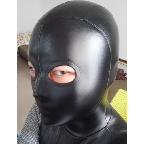 Black Imitation Leather Fabric Stereo Clipping Zentai Hood With Open Eyes