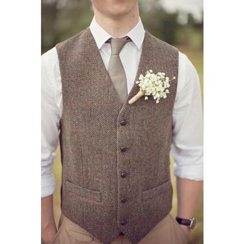 2019 New Farm Wedding Brown Wool Herringbone Tweed Vests Custom Made Grooms Suit Vest Slim Fit Tailor Made Wedding Vest