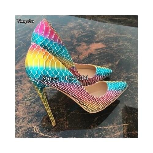 Newest Mixed Color Rainbow Snake High Heel Pumps Pointed Toe Thin Heels Party Shoes Sexy Spring Autumn Women Shoes Free Shipping