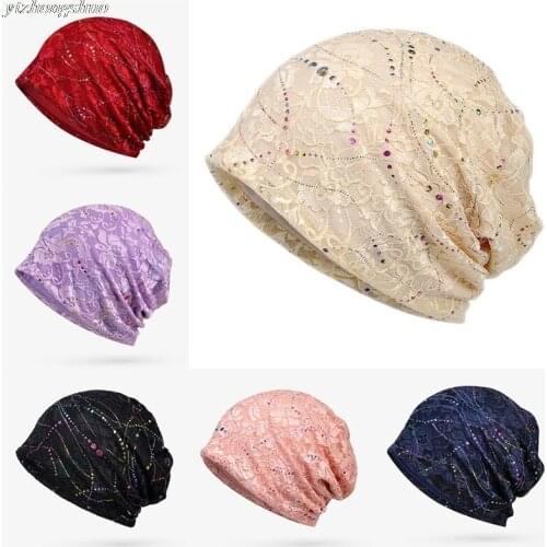 Spring Summer Female Caps Skullies Thin Lace Ponytail Beanie Turban Hat Pregnant Women Solid Color Jacquard Hat Neck Scarf