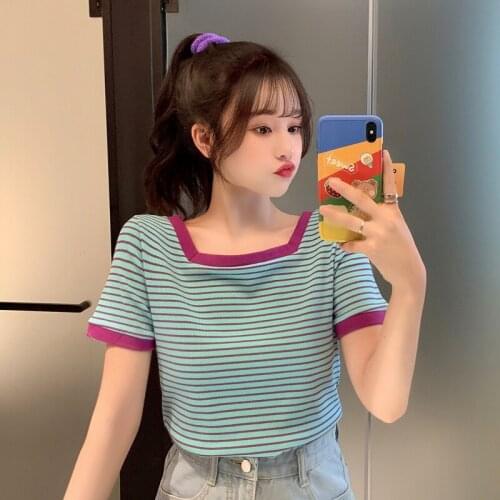 Womens T-shirts Tops Japanese Kawaii Ulzzang Striped Loose Casual Ins Lazy T-shirt Female Korean Harajuku Clothes For Women