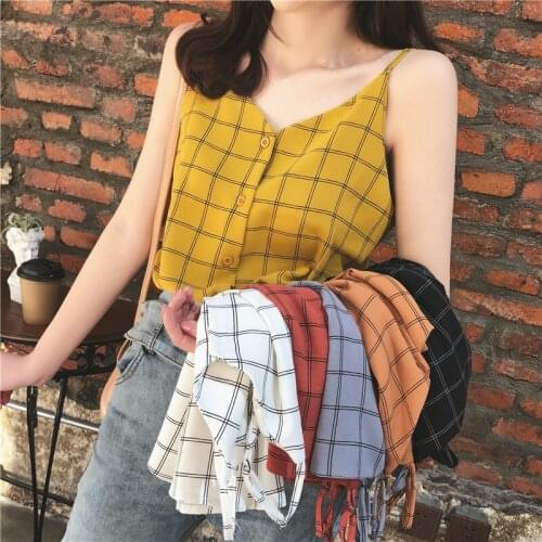 Chiffon Vintage Plaid Small Camisole Women Top Vest Summer Wear Loose Sleeveless Cami Tank Tops Streetwear Casual Female Tee