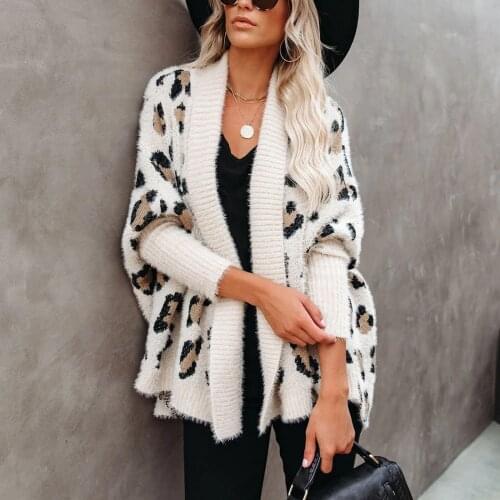 Womens Leopard Printed Knit Cardigan Open Front Long Sleeve Sweaters Shawl Coats