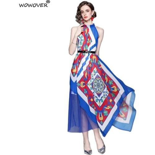 Retro Fashion Runway Womens Halter Neck Summer Vintage Print Asymmetrical Long Maxi Bohemian Dress Casual Holiday Beach Robe