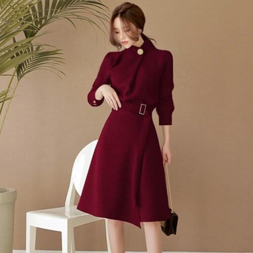 New Korean Office Lady Vintage Black Work Wear Dress Autumn Women Long Sleeve Elegant Lace-up Tunic Split Party Business Dresses