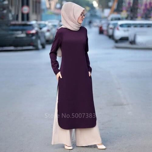 Abaya Turkish Islamic Malaysia Solid Muslim Dress Long Sleeve Dress Women Middle East Split Robe Musulmane Kaftan Dubai Clothing