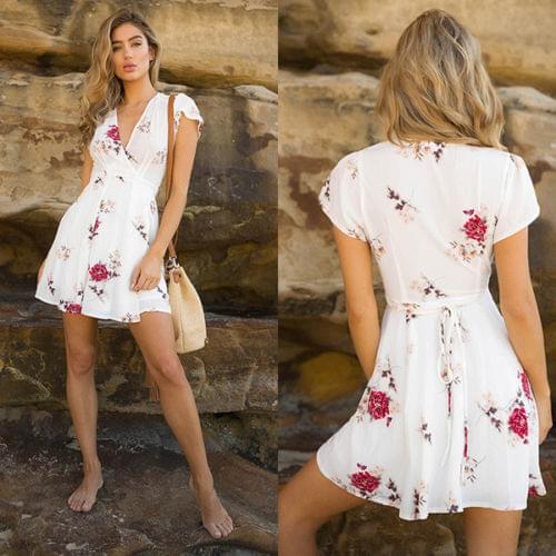 Summer Womens Short Sleeve Mini Dress Casual Party Party V-neck High Waist Chiffon Short Mini Dress Beach Style Dress