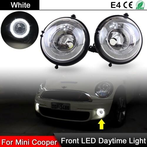 1 Pair For Mini Cooper R55 R56 R57 R58 R59 R60 R61 Front Bumper White Fog Lamp With LED Halo DRL Daytime Running Light