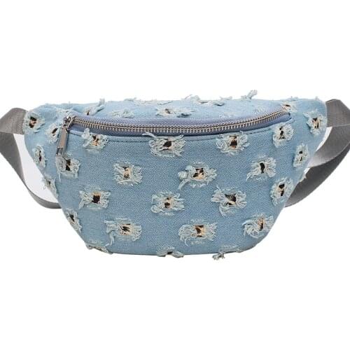 2020 New Denim Ripped Hole Print Casual Womens Chest Bag Diagonal Mobile Phone Waist Pack
